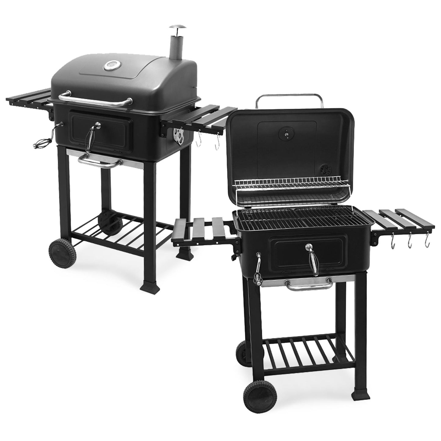 BBQ Smoker XL Grill Folding Tables Thermometer, Adjustable Charcoal Pan, Chimney