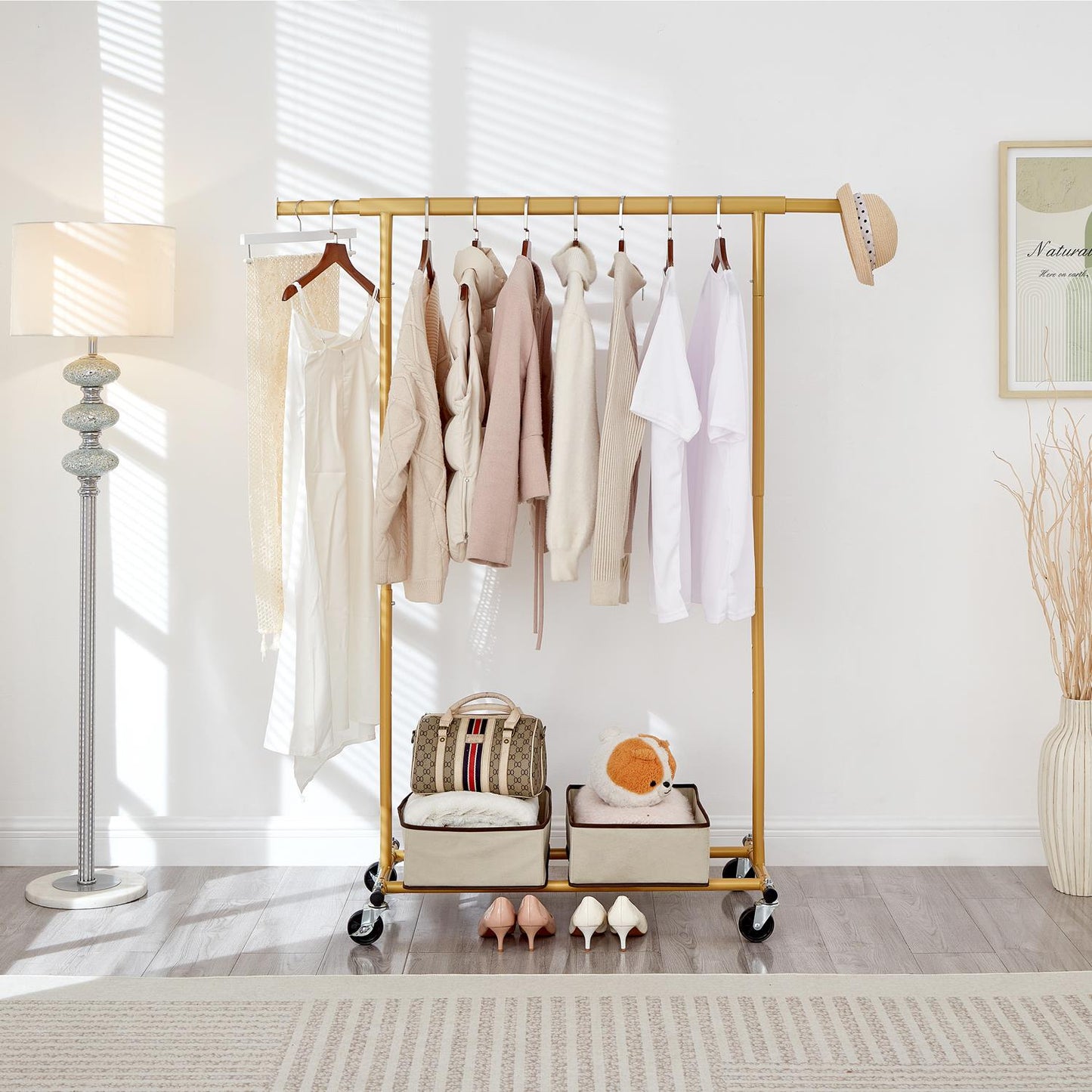 Heavy Duty Gold Clothes Rail Adjustable Width Height with Shelf, Locking Wheels