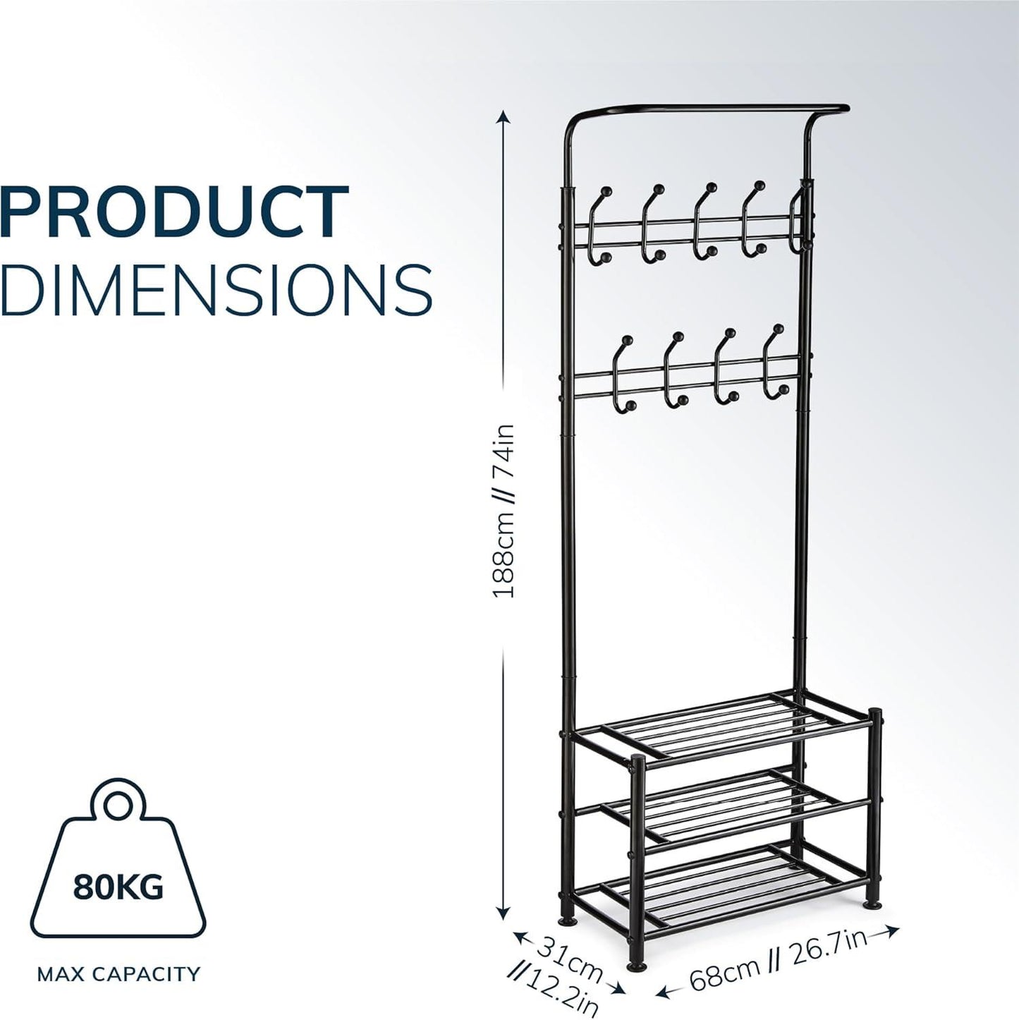 Multi Purpose Stand 18 Hooks For Clothes Shoes Hats Bags - Black