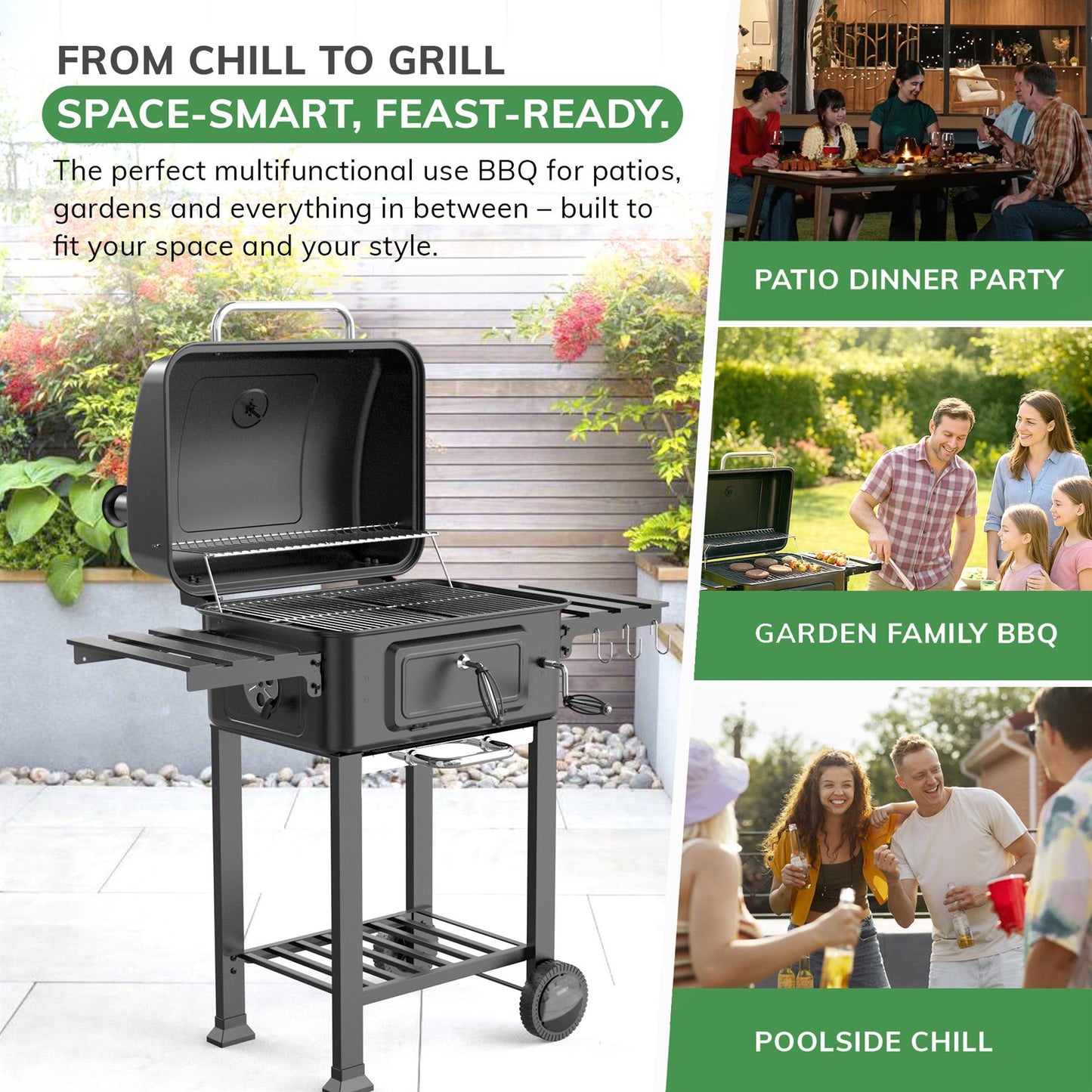 BBQ Smoker XL Grill Folding Tables Thermometer, Adjustable Charcoal Pan, Chimney