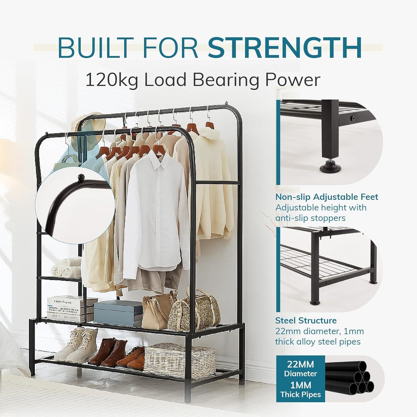 Clothes Rail with Double Hanging & Shelves Black Metal Garment Rack Heavy Duty