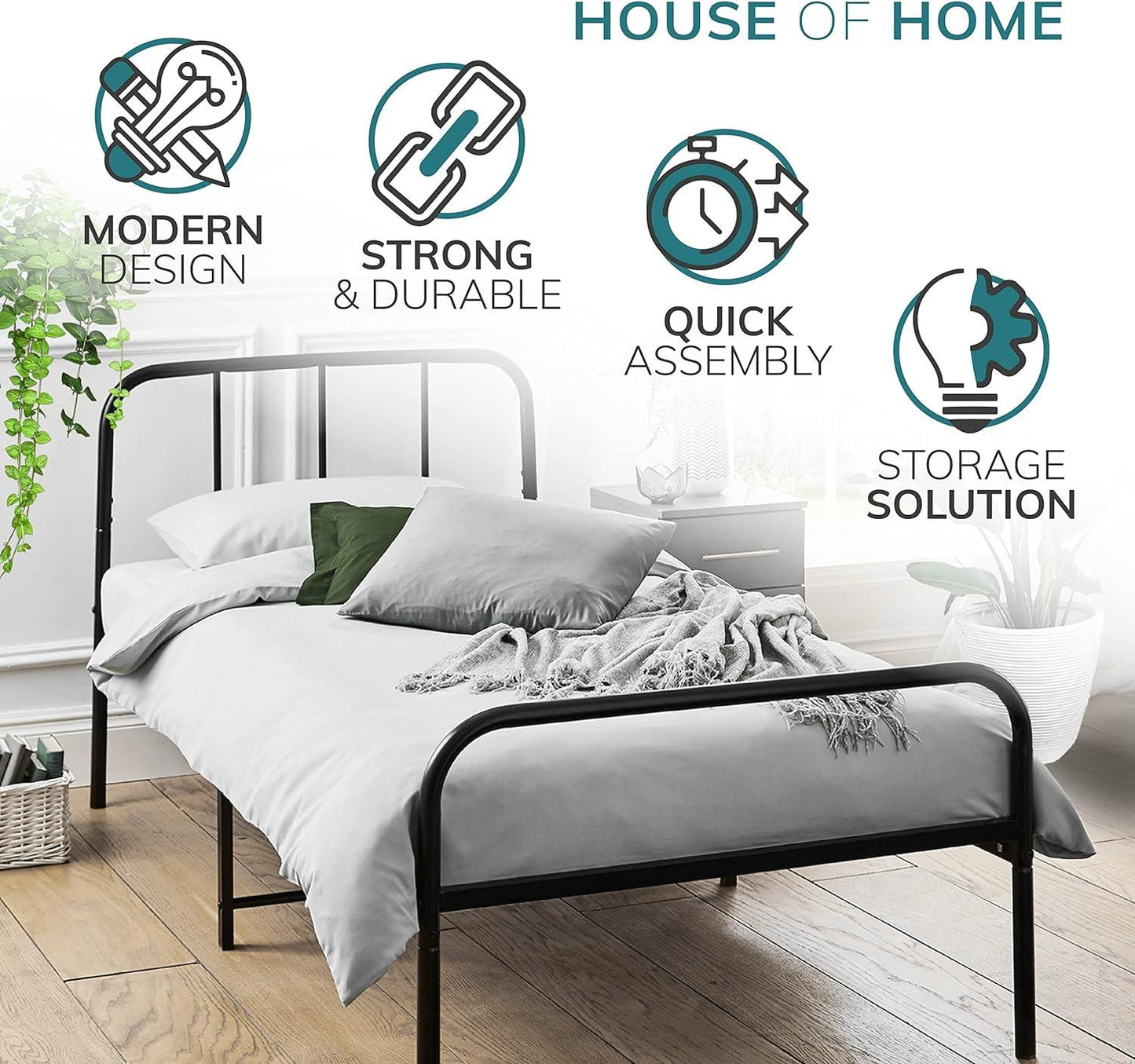 Single Bed Frame Metal Rounded Headboard Easy Assembly Under Bed Base Storage Space