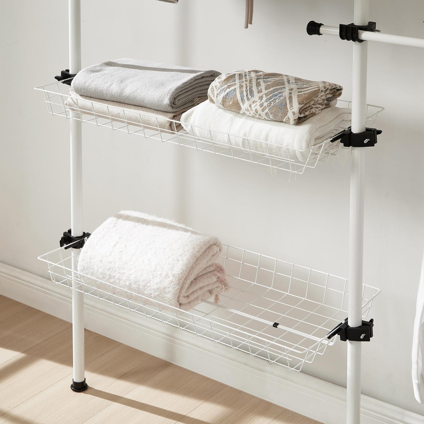 Telescopic Wardrobe Organiser Double White Rail Clothes Rack Baskets Storage