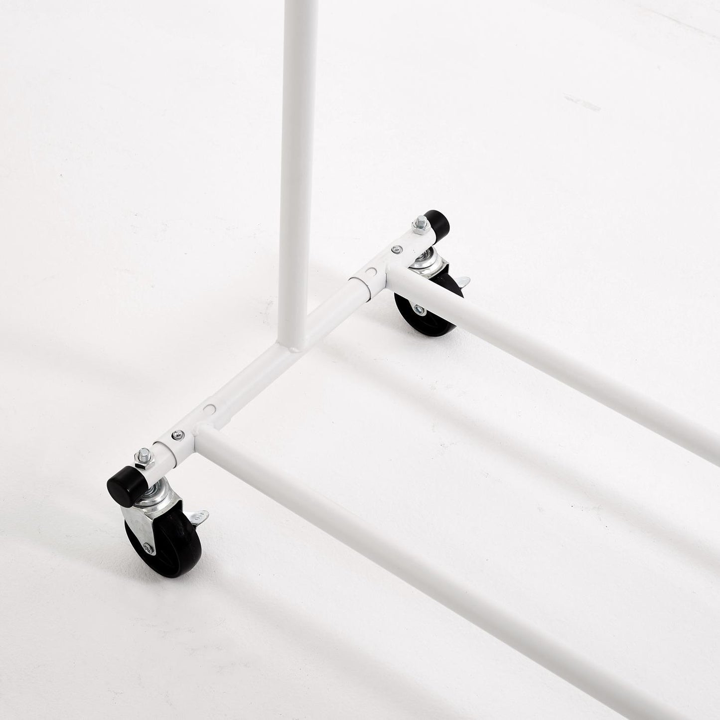Heavy Duty White Clothes Rail Adjustable Width Height with Shelf, Locking Wheels