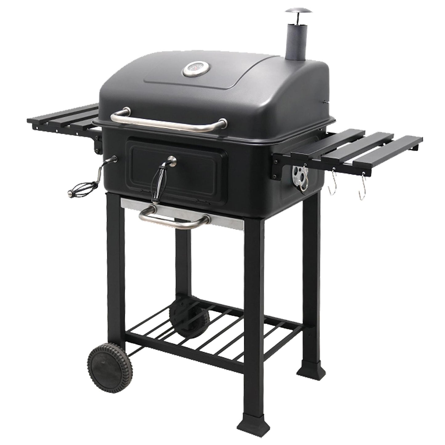 BBQ Smoker XL Grill Folding Tables Thermometer, Adjustable Charcoal Pan, Chimney