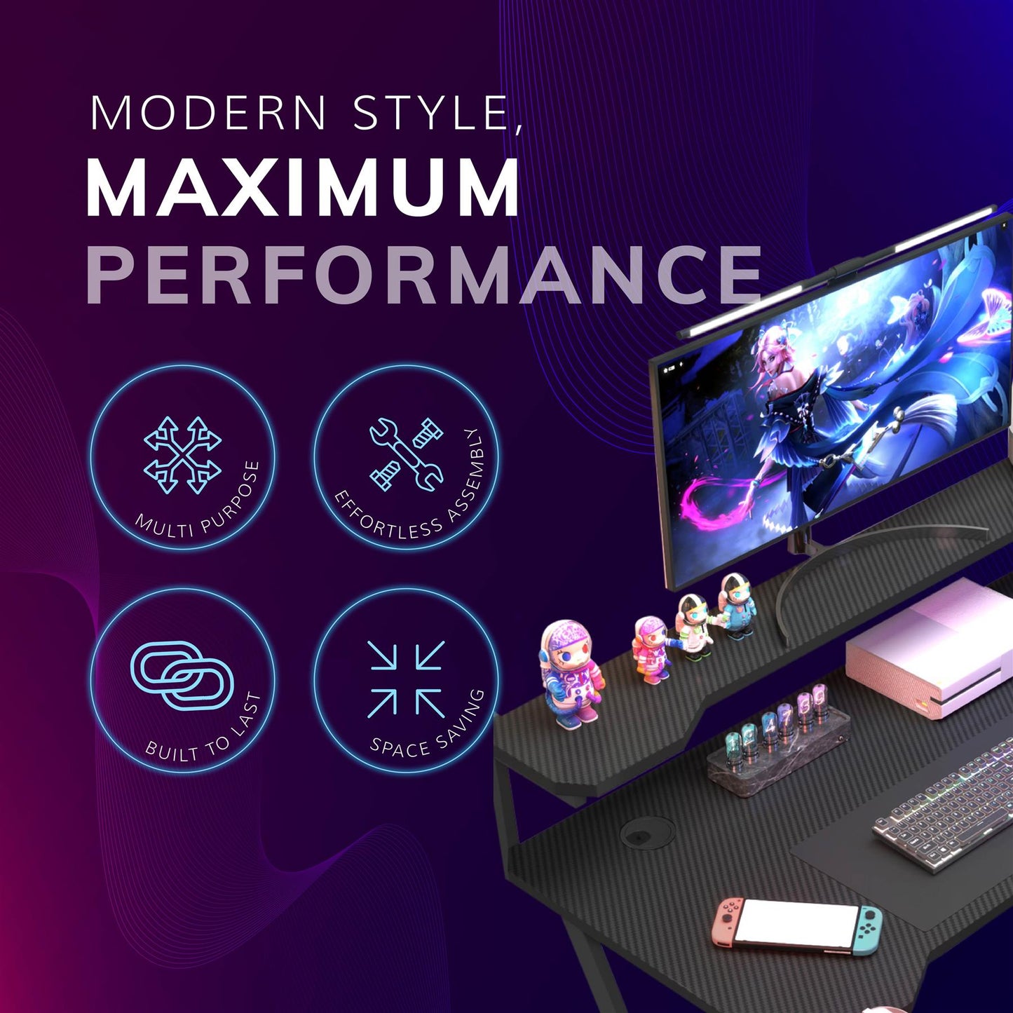 Gaming / Computer Desk with Monitor Stand – Carbon Fibre Top Black – 118cm L x 60 D x 75/91 H