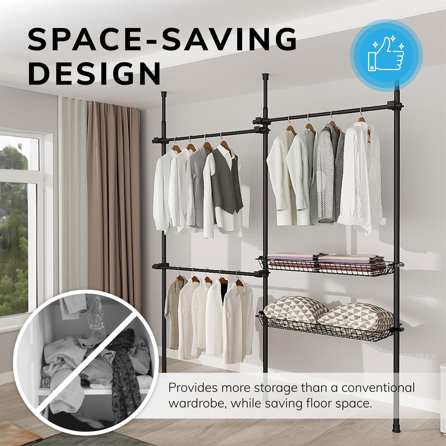 Telescopic Wardrobe Organiser Double Black Rail Clothes Rack Baskets Storage
