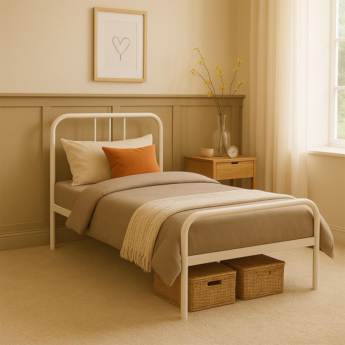 Single Bed Frame Metal Rounded Headboard Easy Assembly Bed Base Storage 6ftx3ft