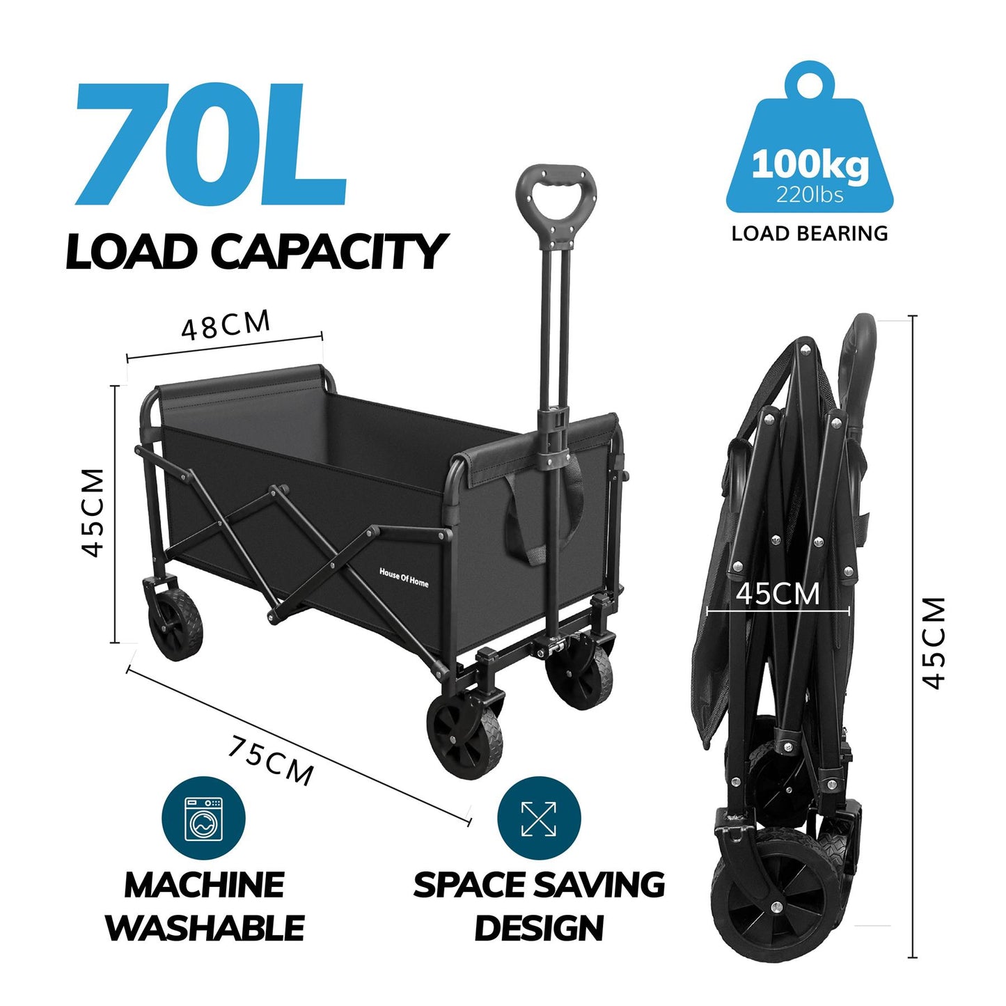 70L Foldable Utility Trolley Garden Home Camping Festivals No Assembly 100kg Load