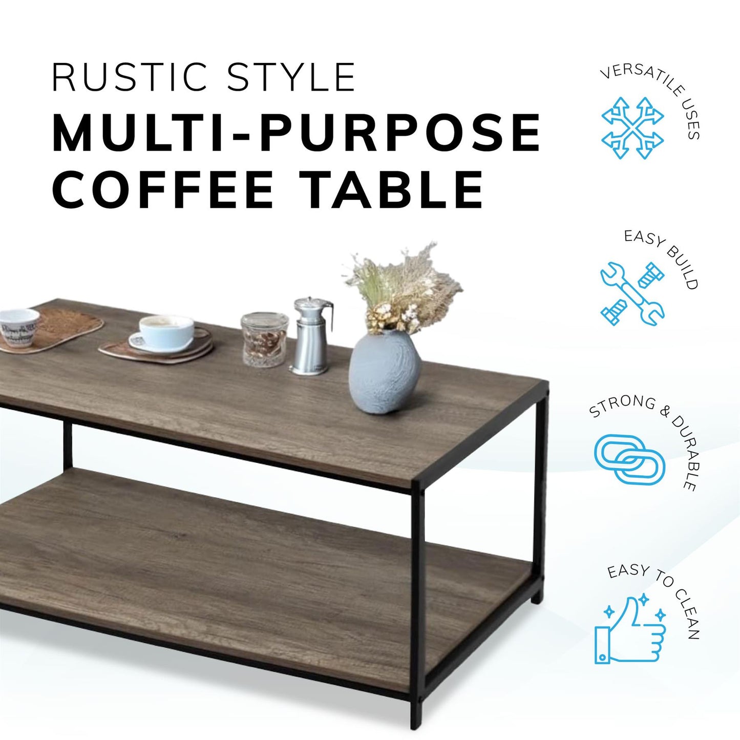 Rustic grey coffee table with black coated frame