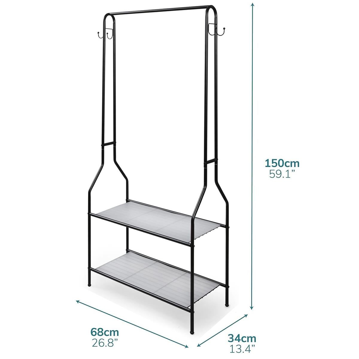 Clothes Rail Black With Two Shelves in Black Powder Coating