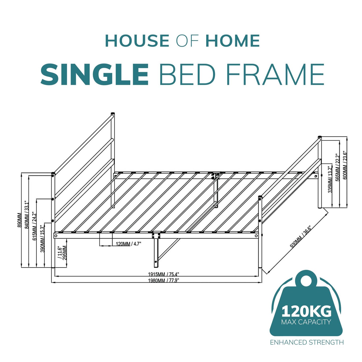 Extra Strong Single Metal Bed Frame Kid Adult Bedroom White Easy Assembly