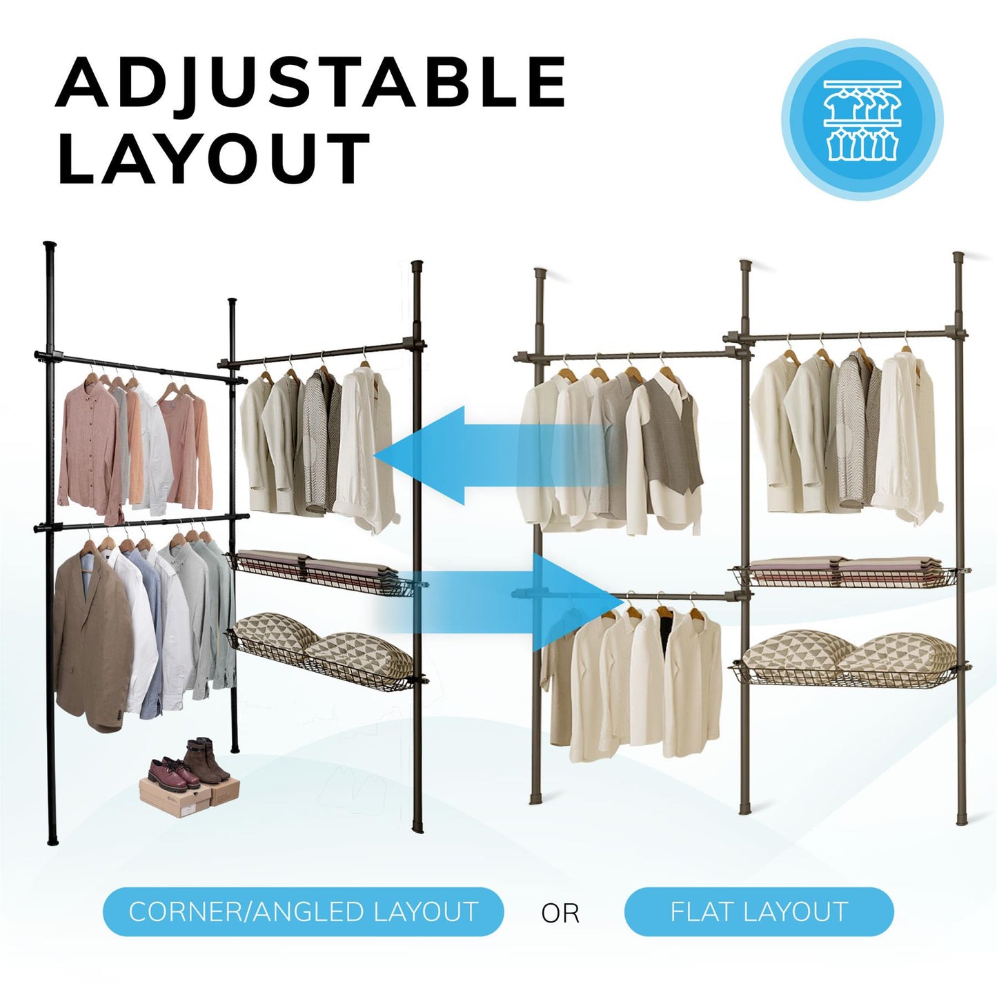 Telescopic Wardrobe Organiser Double Black Rail Clothes Rack Baskets Storage