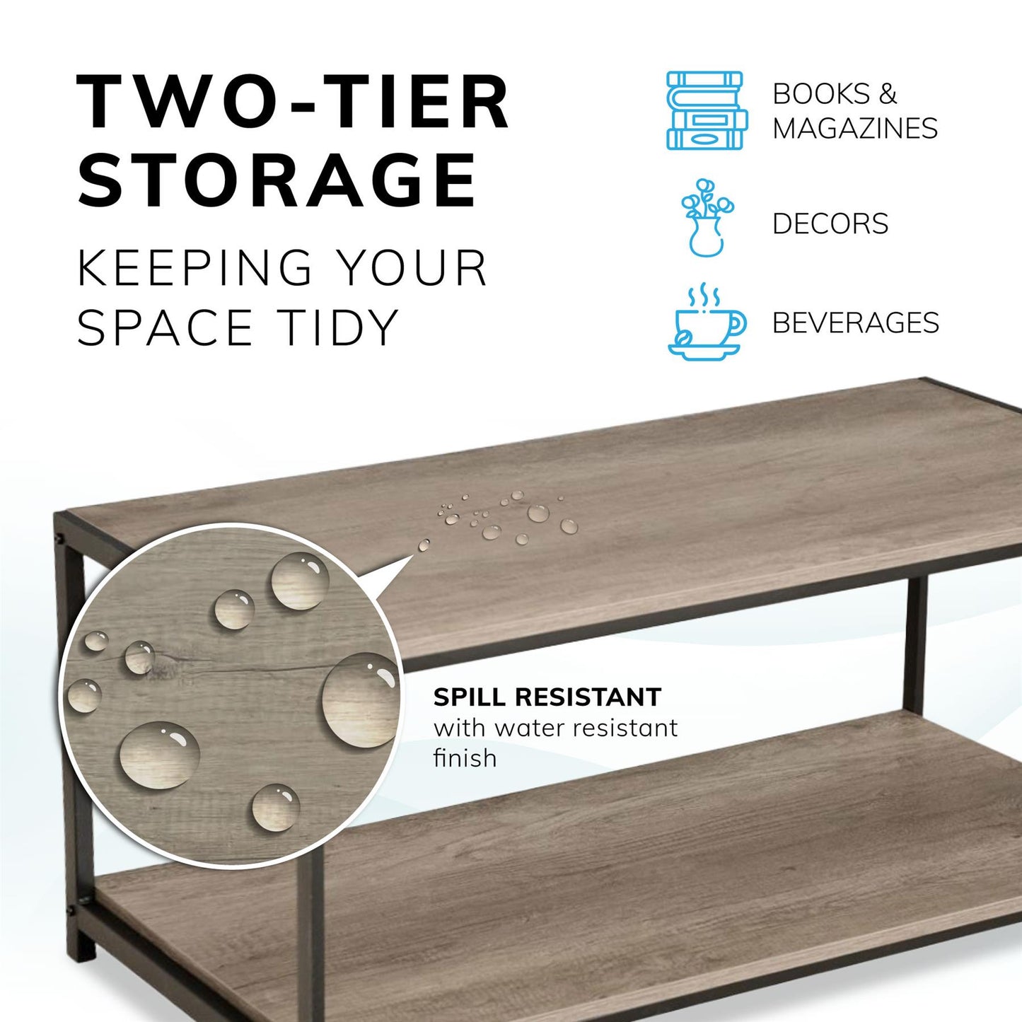 Rustic grey coffee table with black coated frame