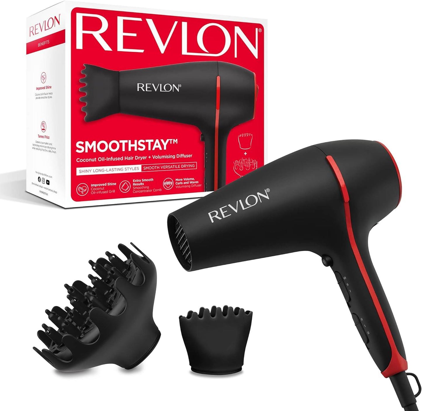 REVLON Smoothstay Coconut Oil-Infused Hair Dryer + Volumising Diffuser