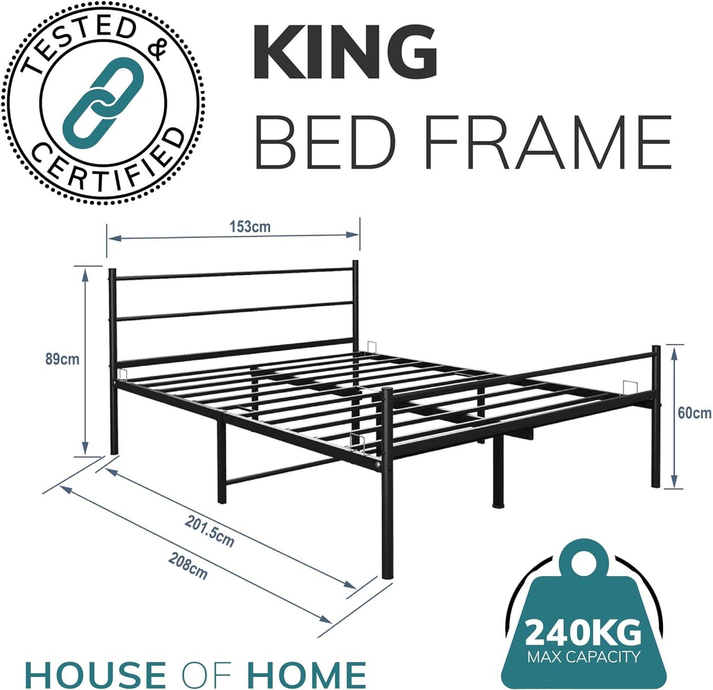 King Size Metal Bed Extra Strong Frame Stylish Bedroom Storage Modern Sturdy Design