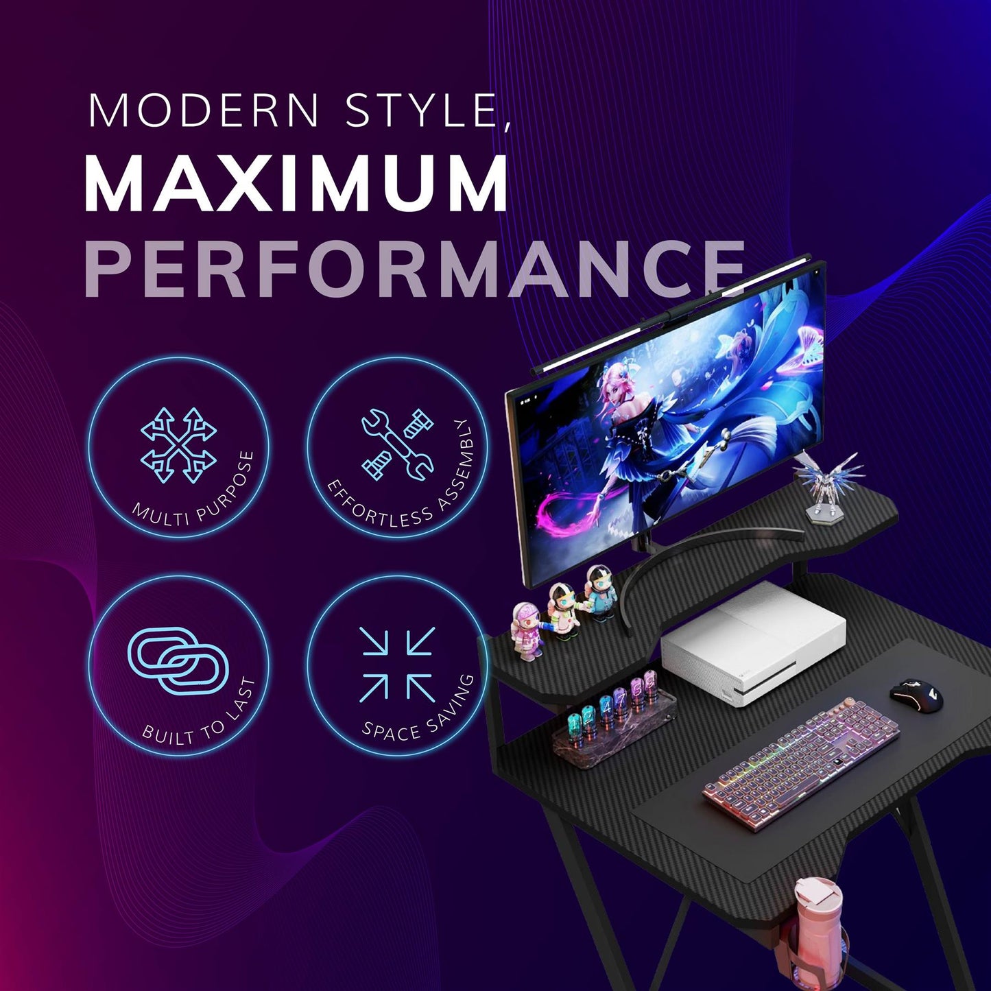 Gaming / Computer Desk with Monitor Stand – Carbon Fibre Top Black – 80cm L x 60 D x 75/91 H