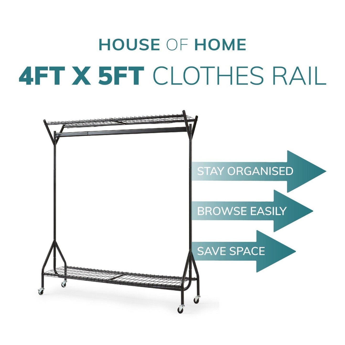 4ft long x 5ft Black Heavy Duty Hanging Clothes Garment Rail with Shoe Rack Shelf and Hat Stand