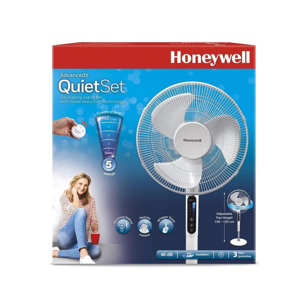 Honeywell Advanced QuietSet Oscillating Stand Fan (5 Speed Settings, Timer Function, Oscillating 70°, Height Adjustment, Remote Control, Easy to Use) HSF600W