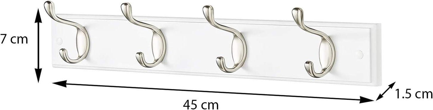 Quality Heavy Duty 4 Double Coat Hooks Wall Or Door Mountable White Wooden Board With FREE Fixings