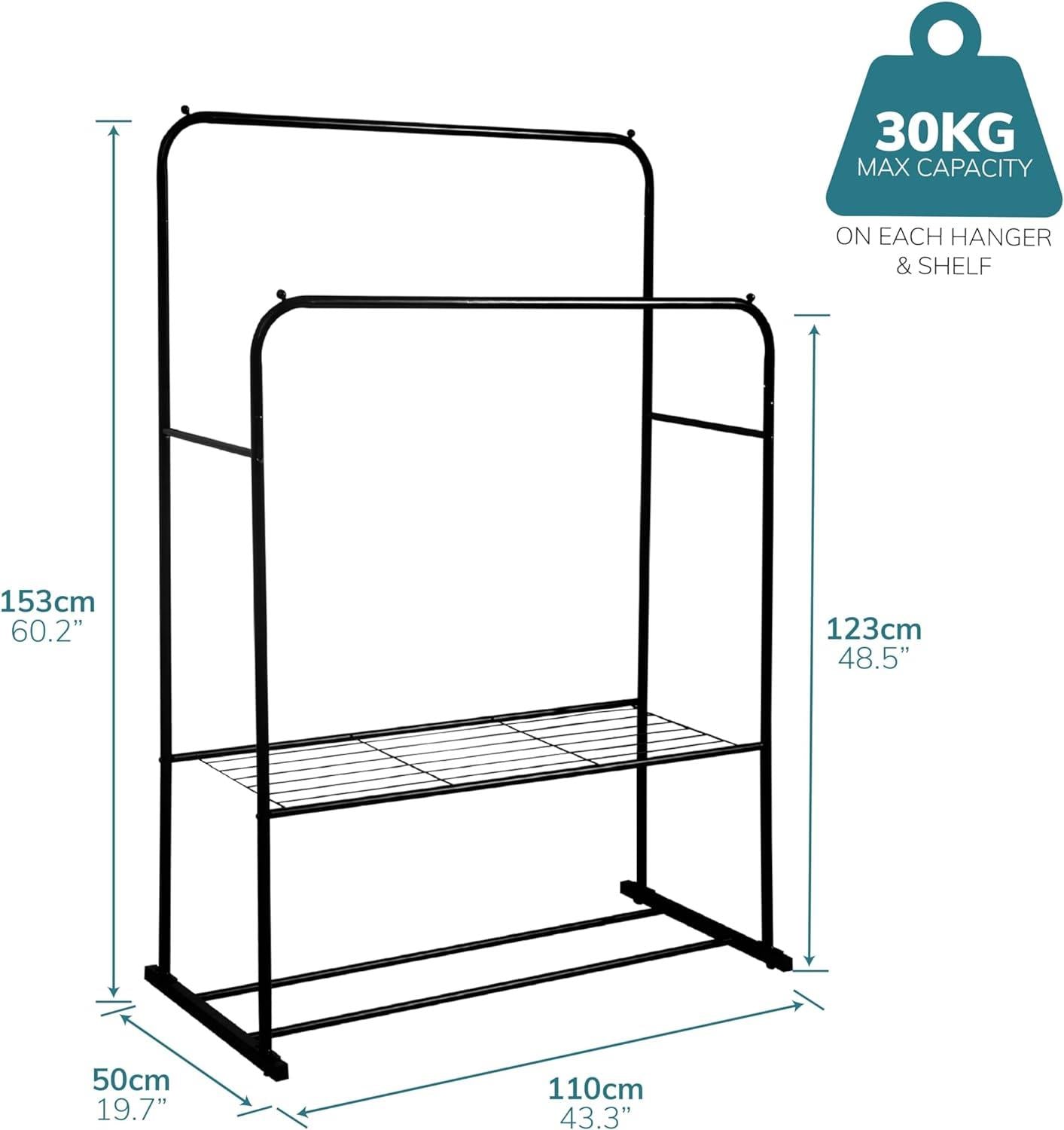 Double Clothes Rail with Shoe Rack Heavy Duty Metal Garment Hanger Hat Bag Hooks