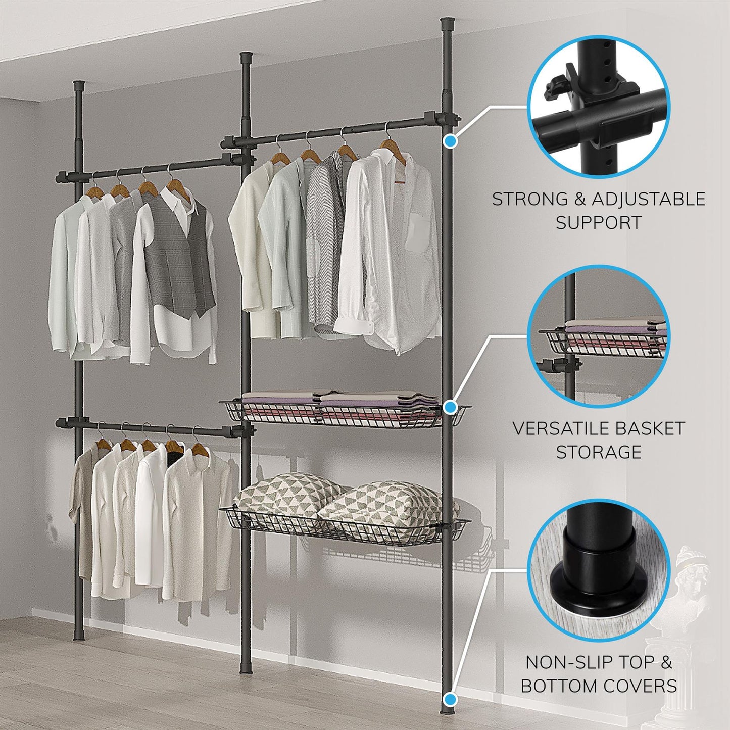 Telescopic Wardrobe Organiser Double Black Rail Clothes Rack Baskets Storage