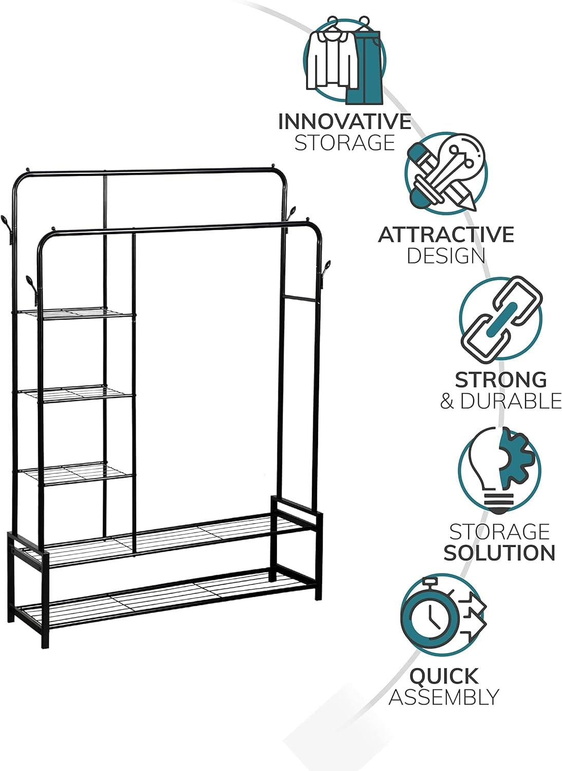 Freestanding Double Clothes Rail with 2 Shoe Racks and 3 Shelves