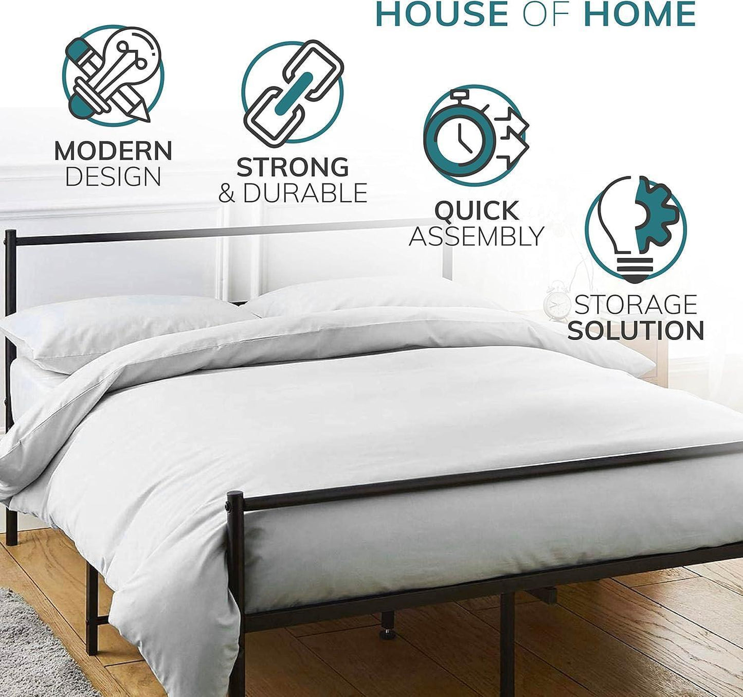 Double Metal Bed Frame Extra Strong Stylish Modern Bedroom Storage Sturdy Design
