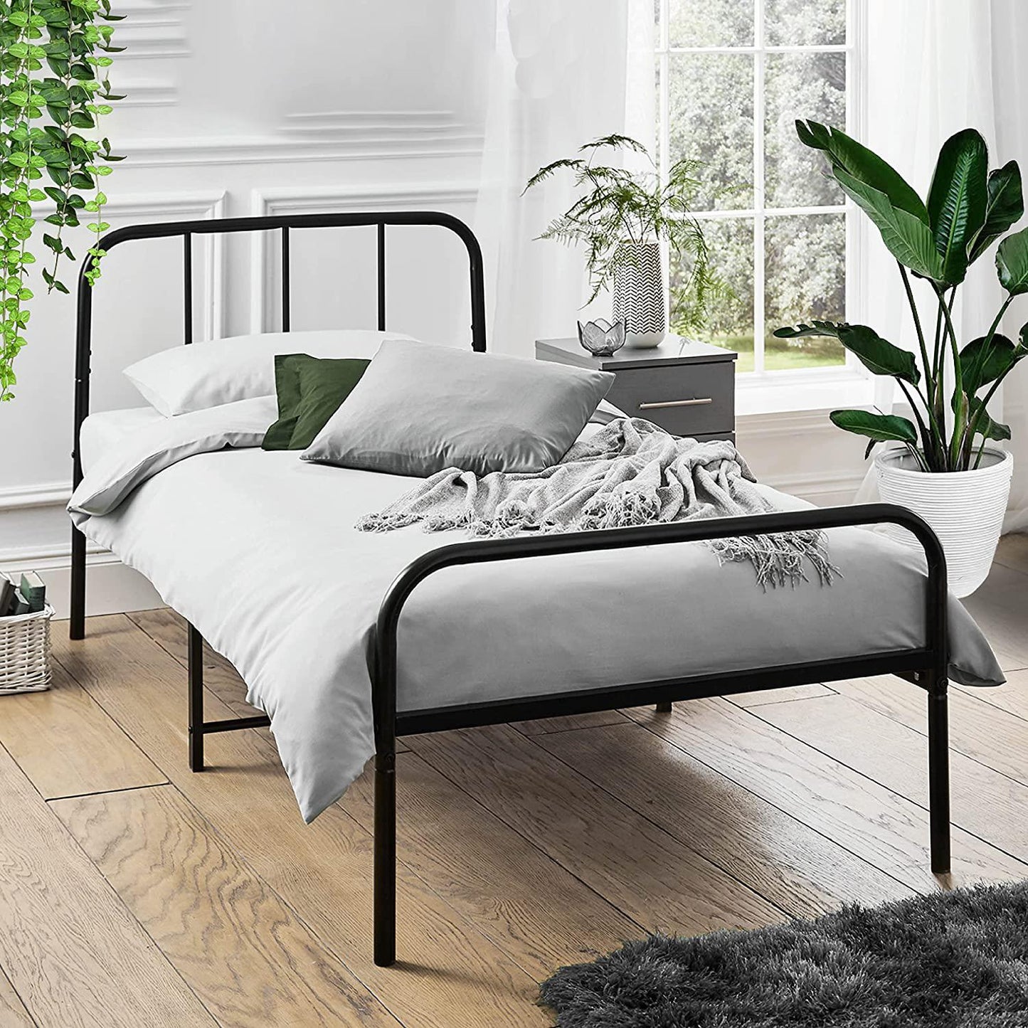 Single Bed Frame Metal Rounded Headboard Easy Assembly Under Bed Base Storage Space