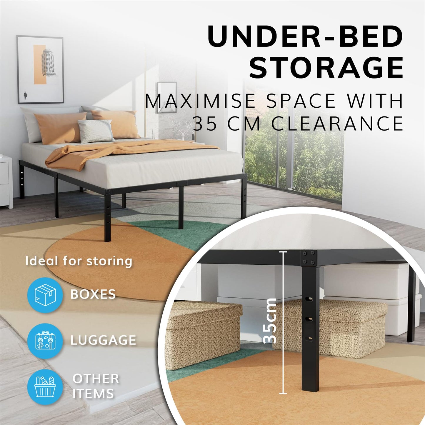 King Size Metal Bed Frame Durable Black Powder Coating,