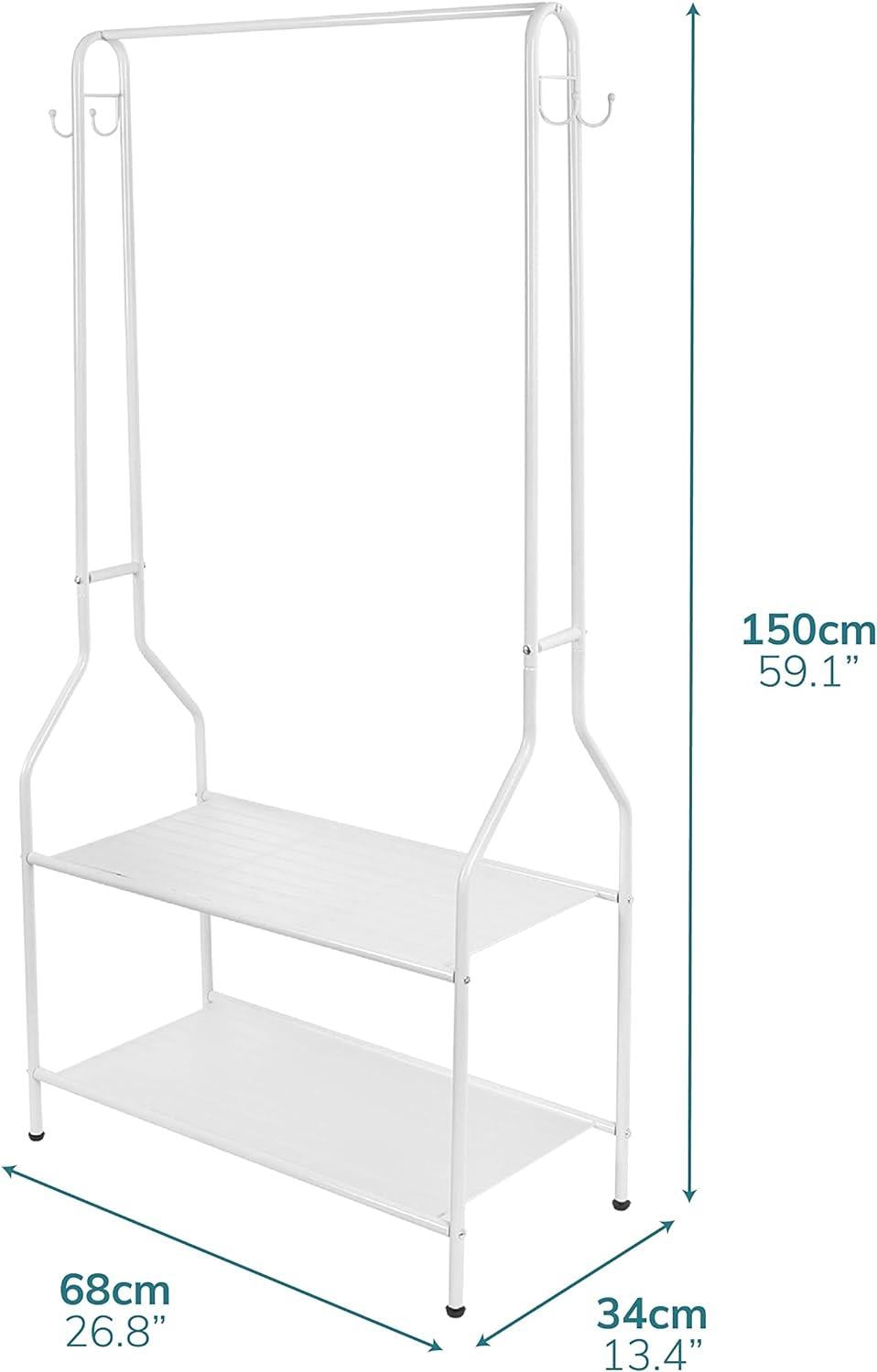 Clothes Rail With Two Shelves in White Powder Coating