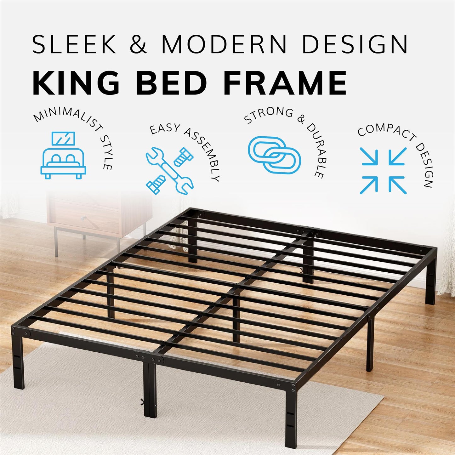 King Size Metal Bed Frame Durable Black Powder Coating,