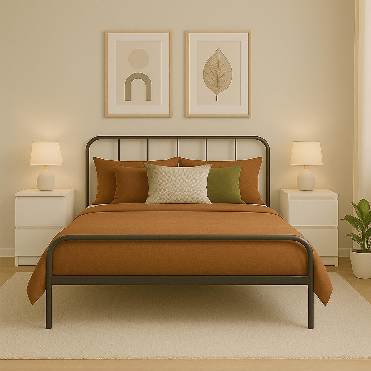 Double Size Bed Frame Metal Rounded Headboard Easy Assembly Bed Base Storage