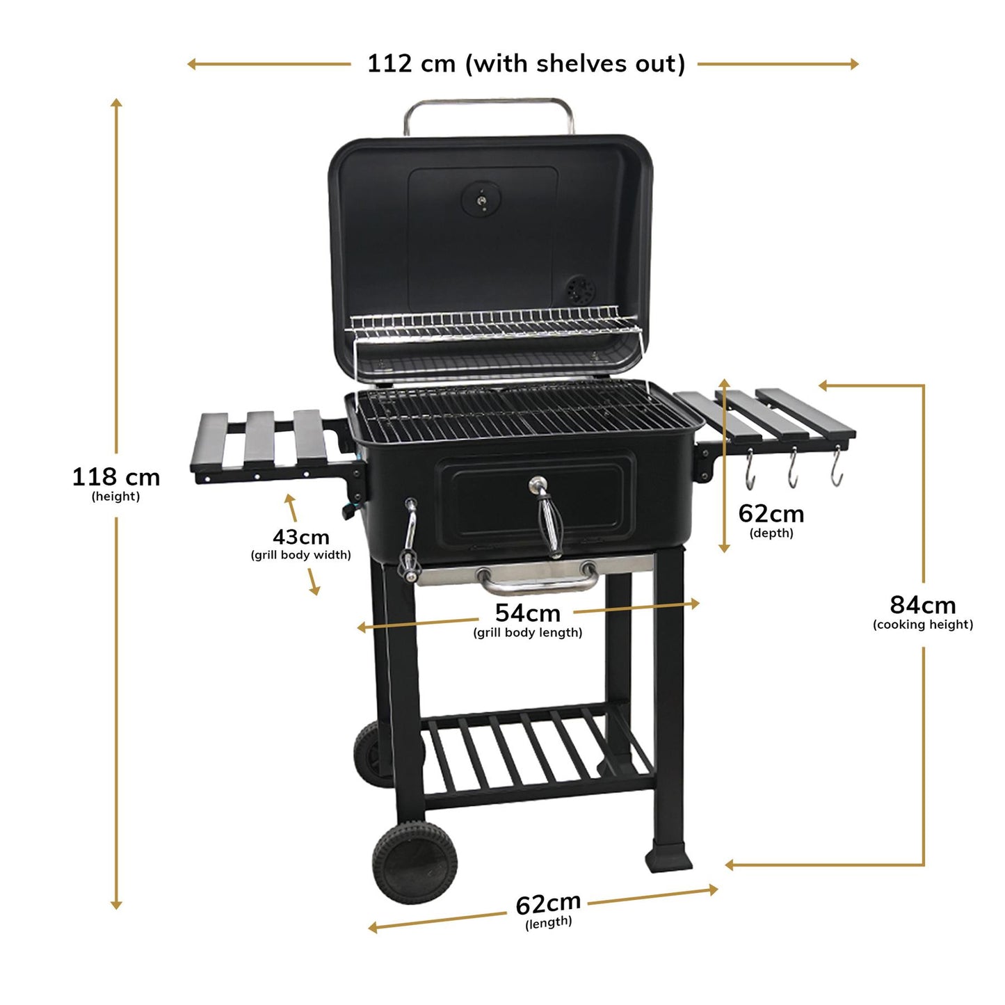 BBQ Smoker XL Grill Folding Tables Thermometer, Adjustable Charcoal Pan, Chimney