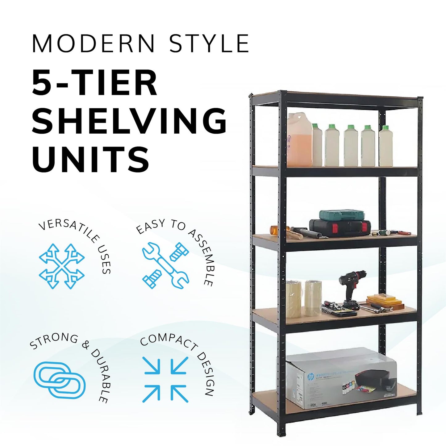 Boltless 5 Tier Shelving Racking Heavy Duty Steel Shelf Unit Shed Garage Black