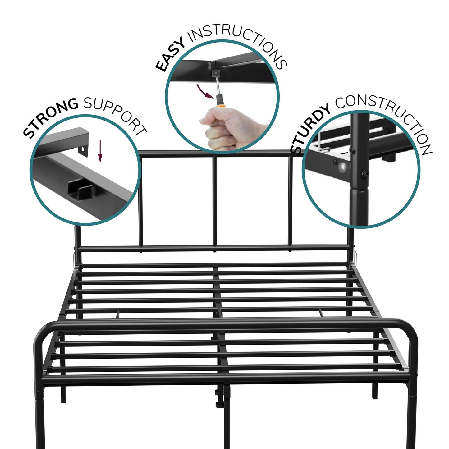 Double Size Bed Frame Metal Rounded Headboard Easy Assembly Bed Base Storage