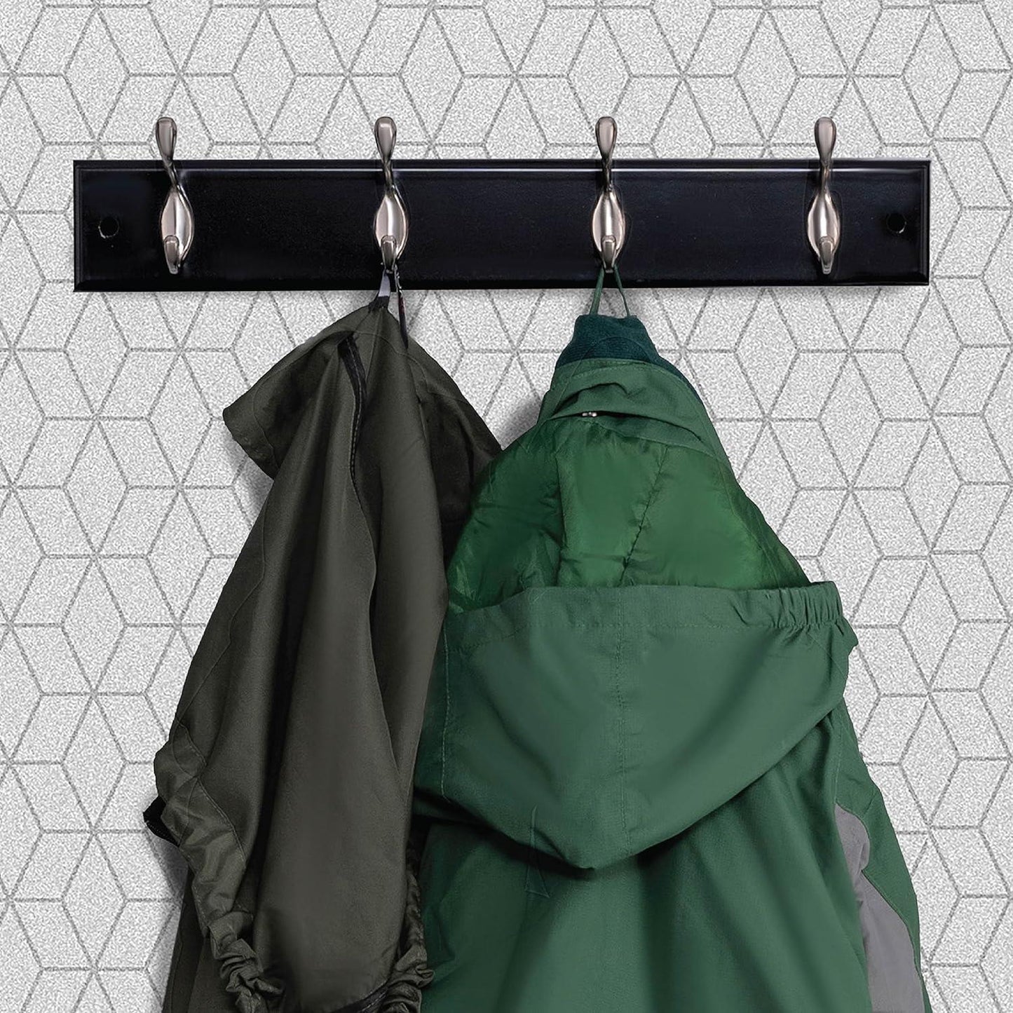 Quality Heavy Duty 4 Double Coat Hooks Wall Or Door Mountable Grey Wooden Board With Fixings