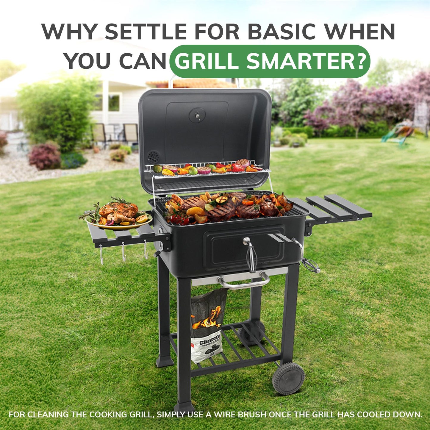BBQ Smoker XL Grill Folding Tables Thermometer, Adjustable Charcoal Pan, Chimney