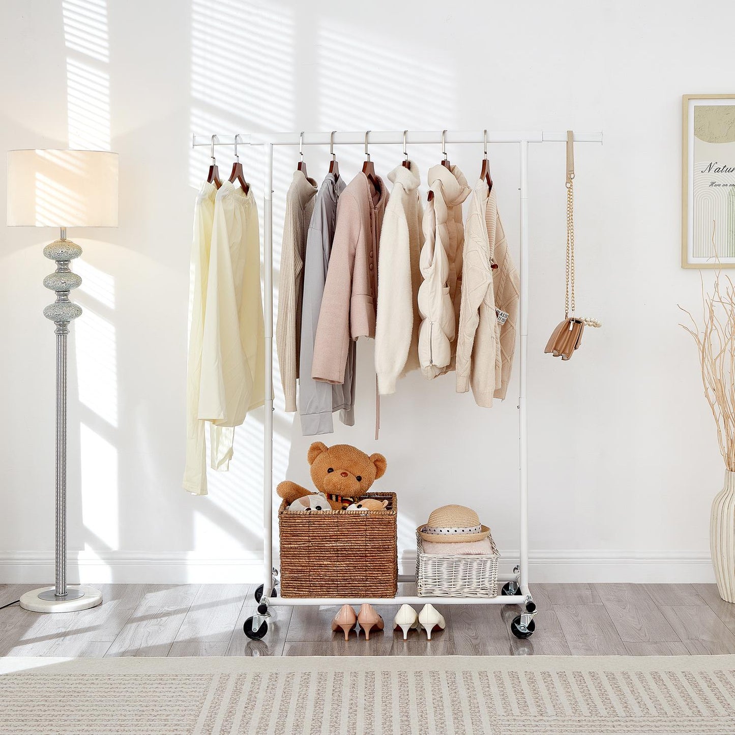 Heavy Duty White Clothes Rail Adjustable Width Height with Shelf, Locking Wheels