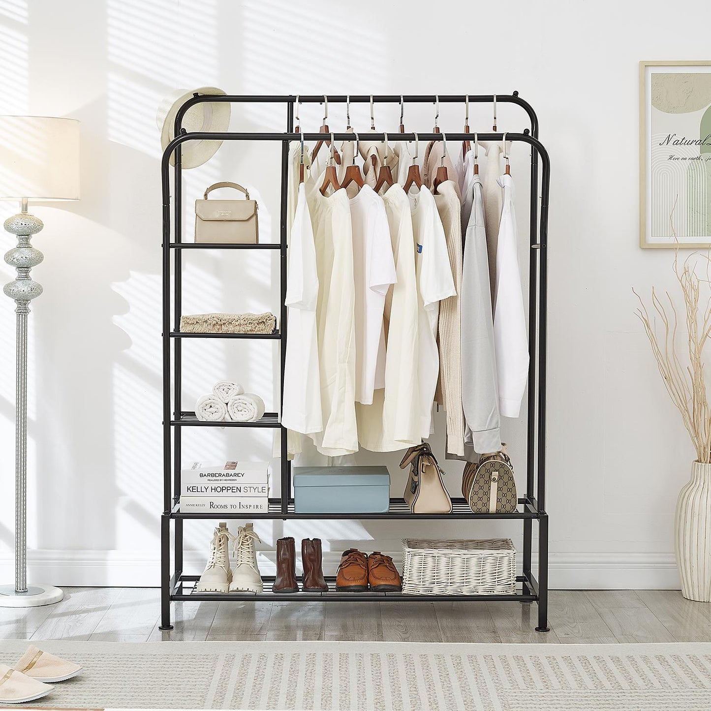 Clothes Rail with Double Hanging & Shelves Black Metal Garment Rack Heavy Duty