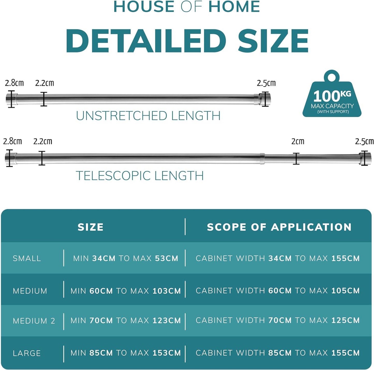 Extendable Wardrobe Pole 70-123CM Adjustable Rail Hanger Steel Heavy Duty Easy Assemble