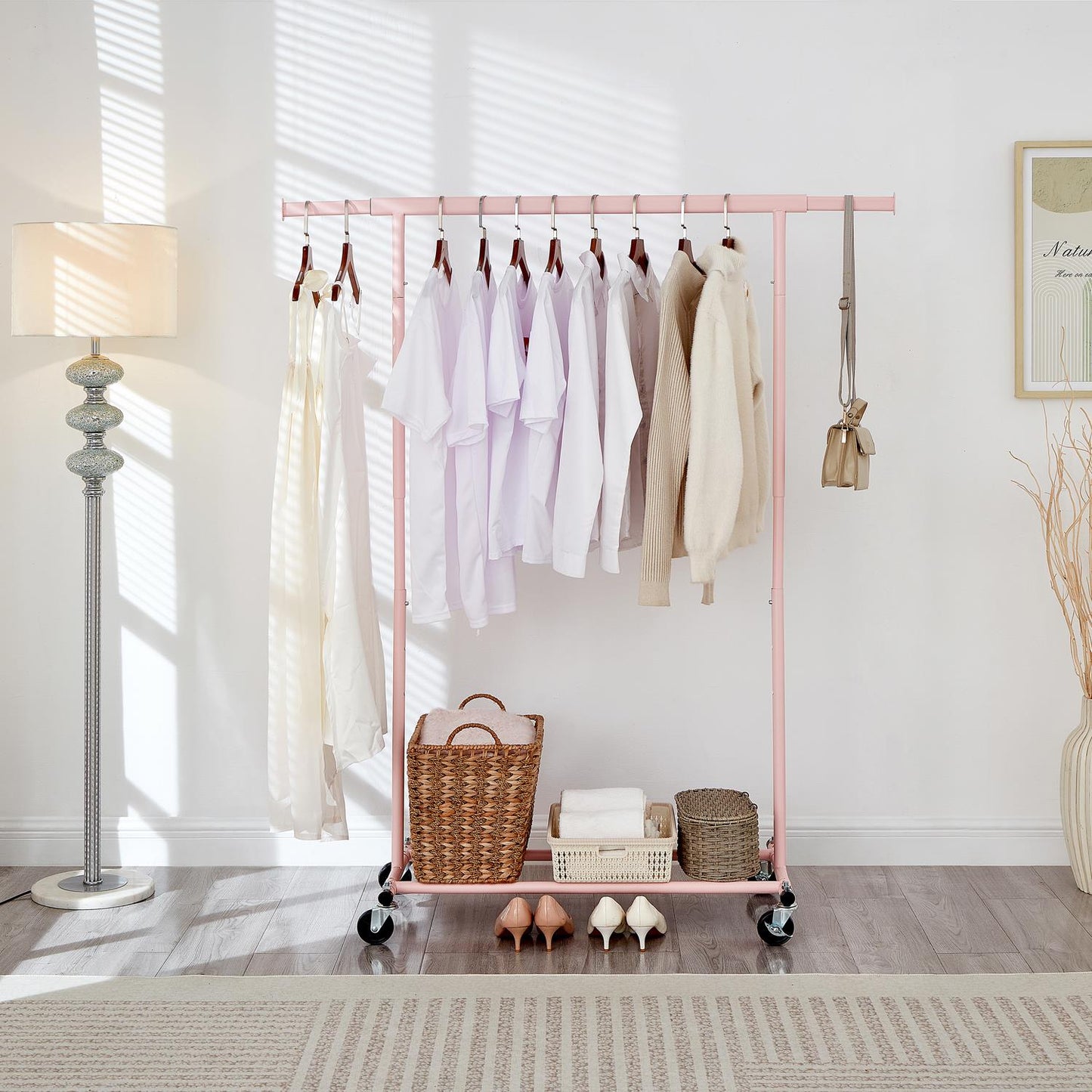 Heavy Duty Pink Clothes Rail Adjustable Width Height with Shelf, Locking Wheels