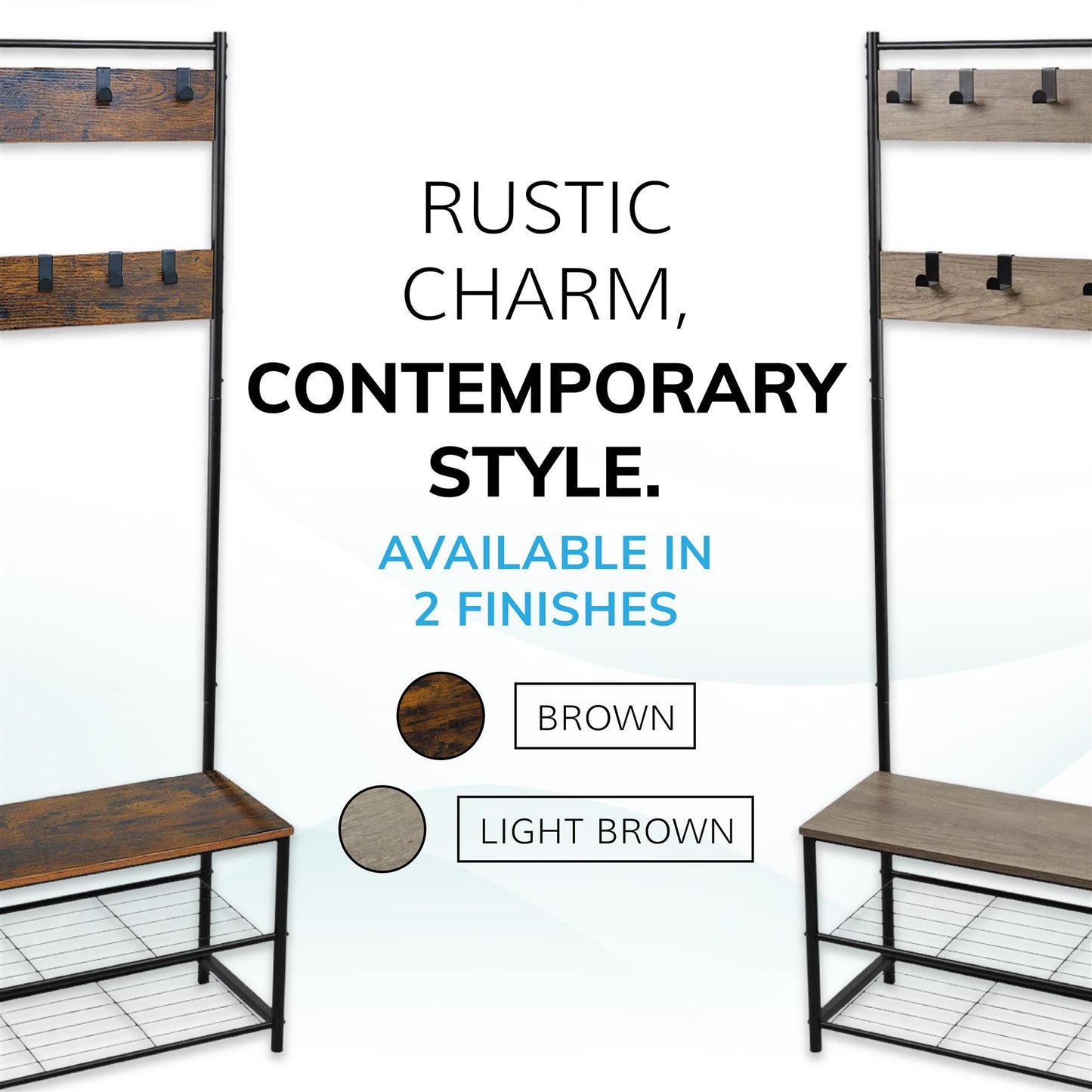 Multi function coat stand Black frame rustic brown wood