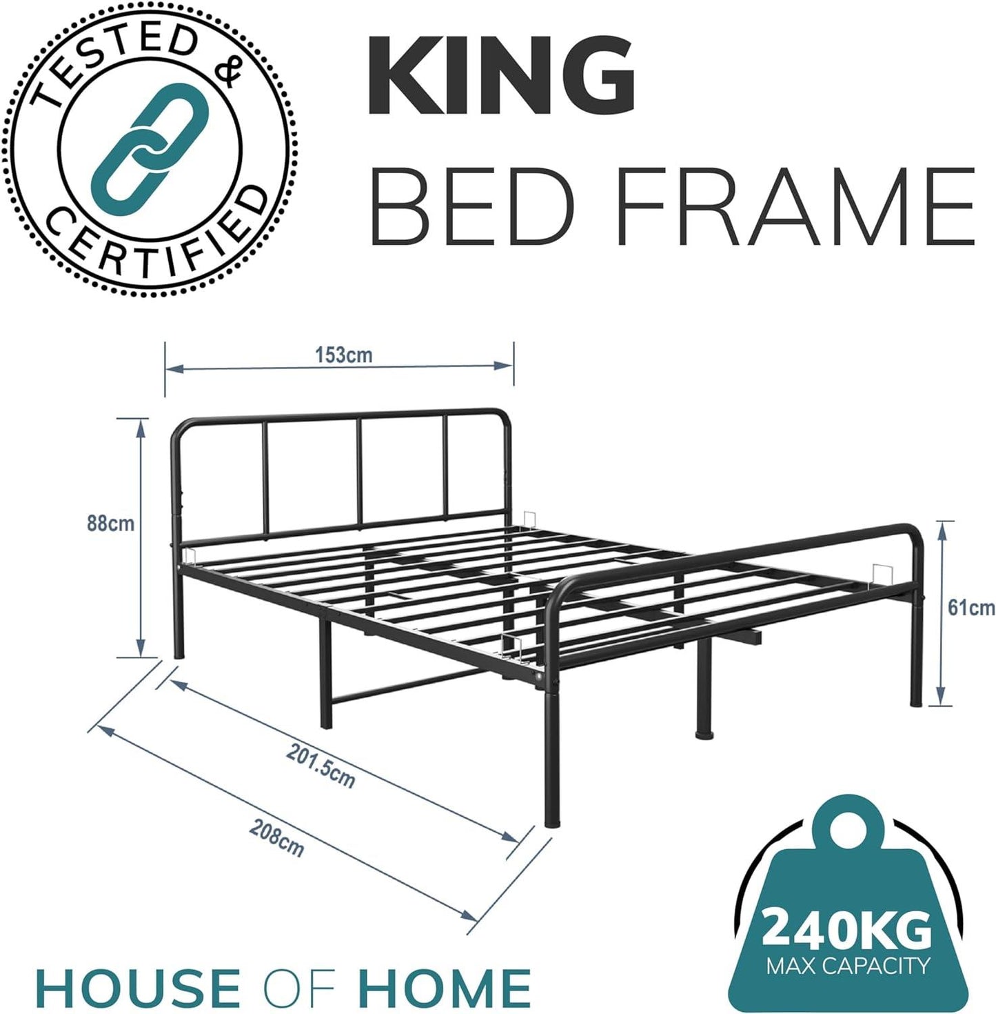 King Size Bed Frame Metal Rounded Headboard Easy Assembly Under Bed Base Storage