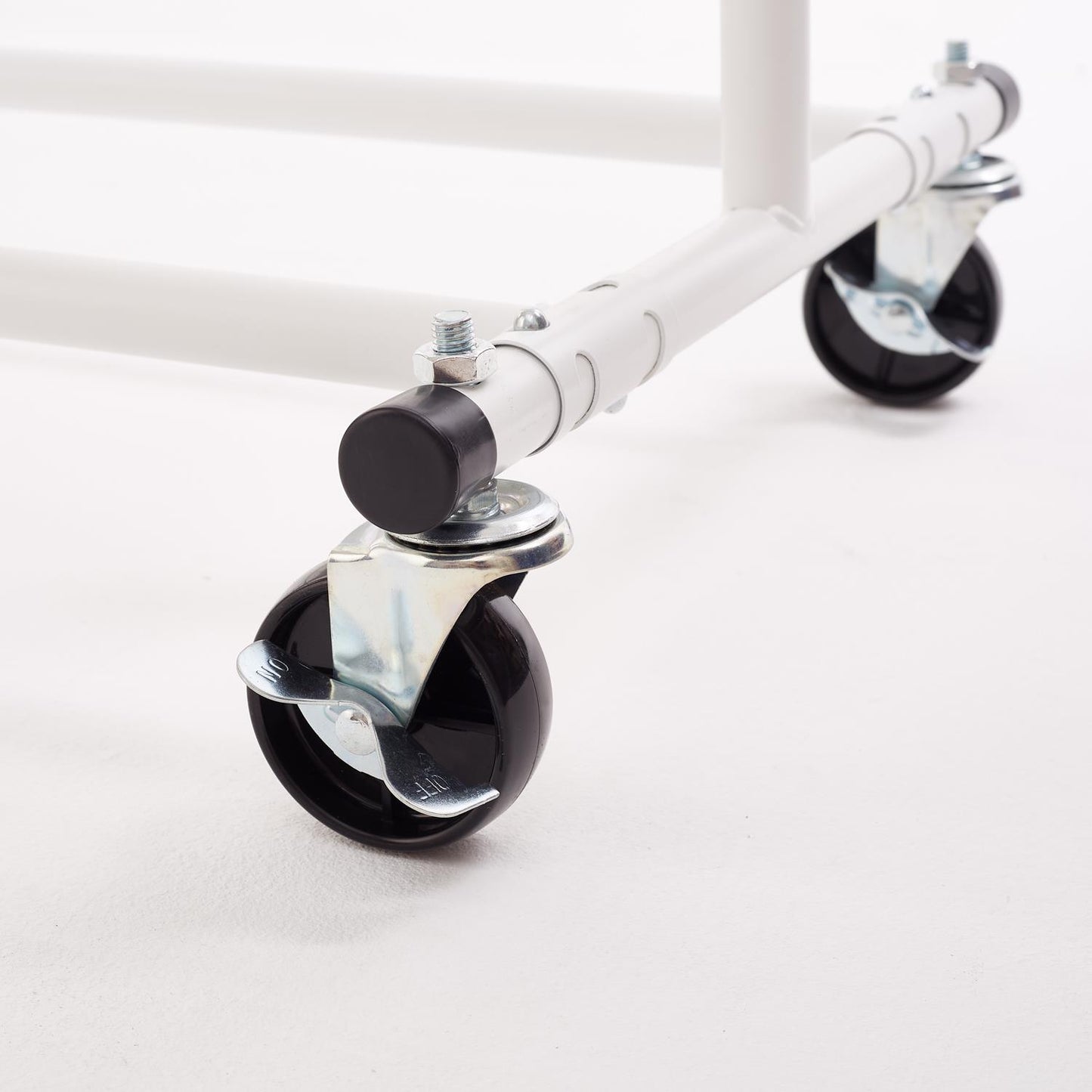 Heavy Duty White Clothes Rail Adjustable Width Height with Shelf, Locking Wheels