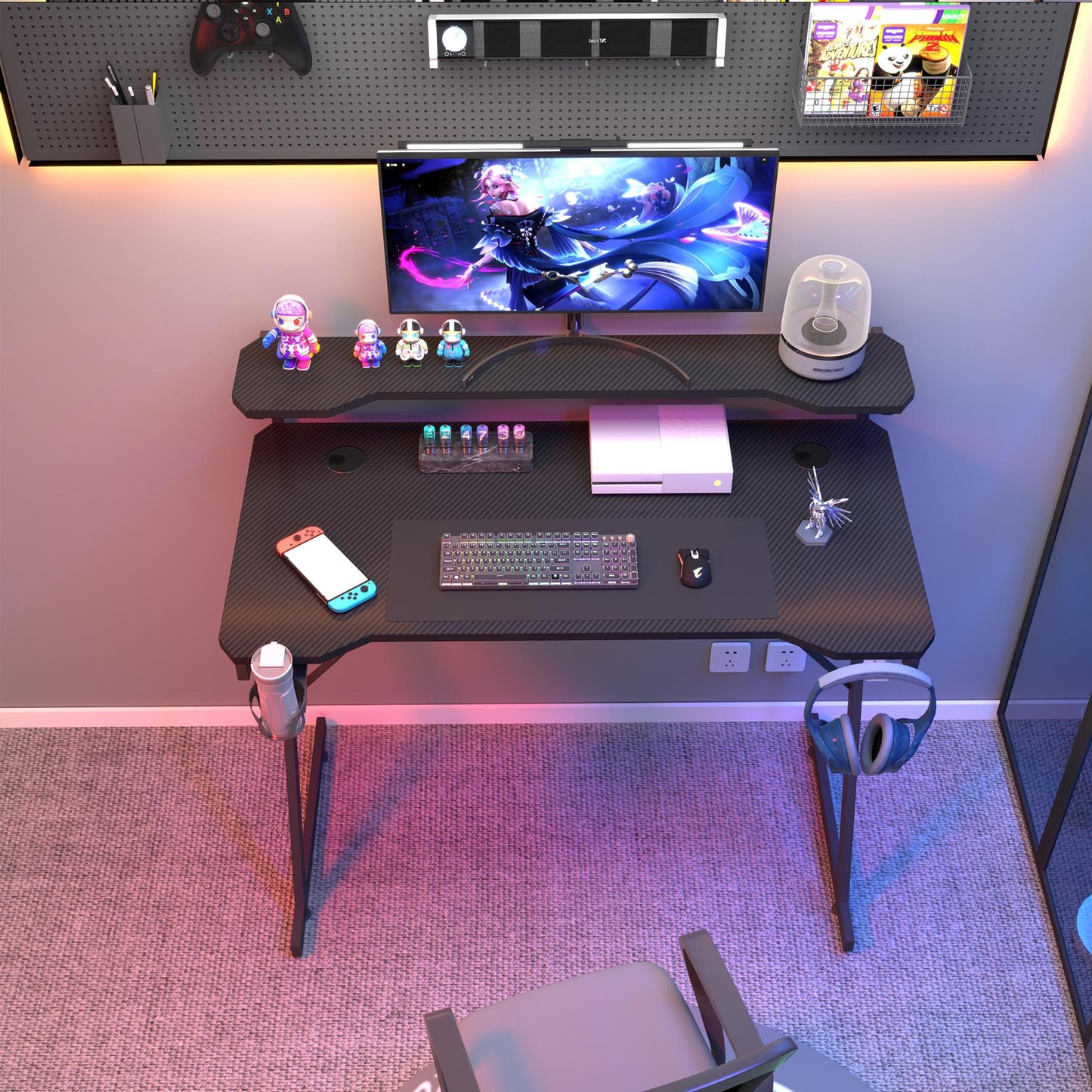 Gaming / Computer Desk with Monitor Stand – Carbon Fibre Top Black – 118cm L x 60 D x 75/91 H
