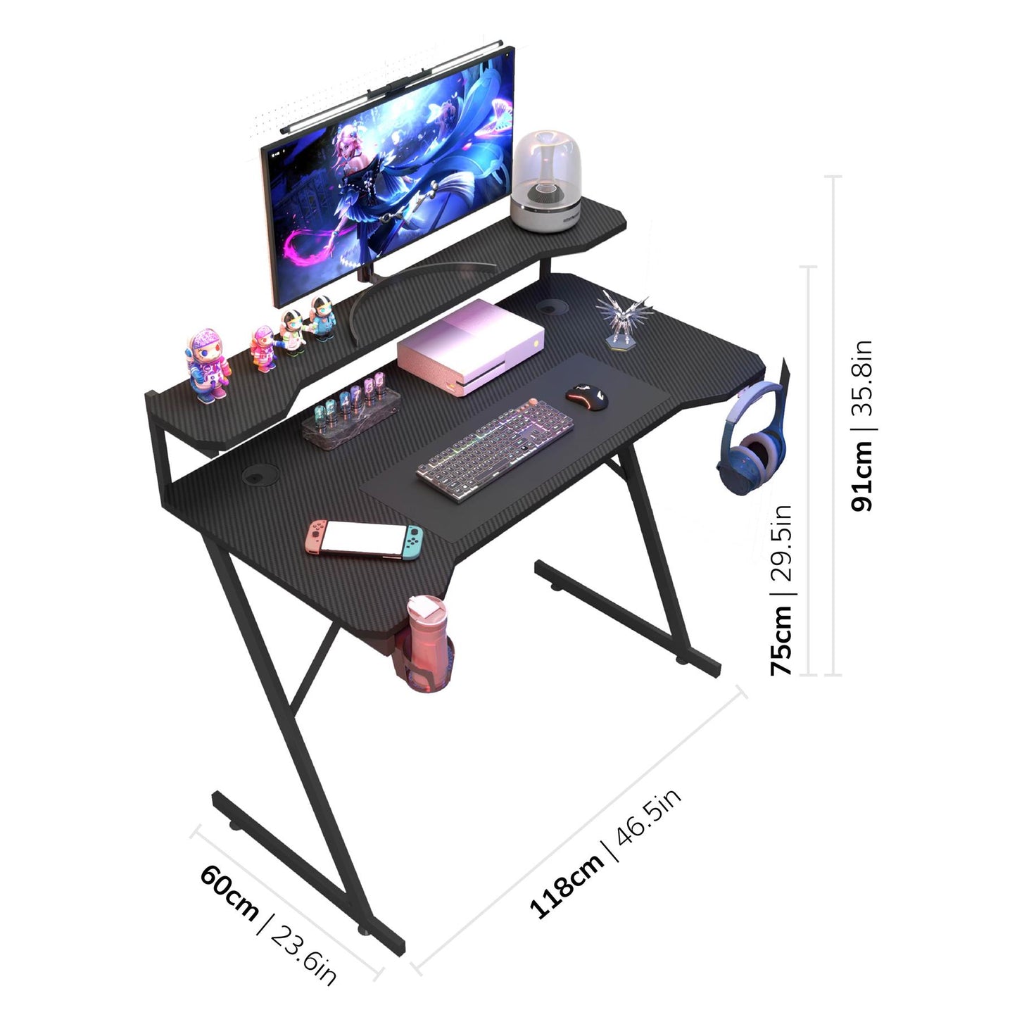 Gaming / Computer Desk with Monitor Stand – Carbon Fibre Top Black – 118cm L x 60 D x 75/91 H