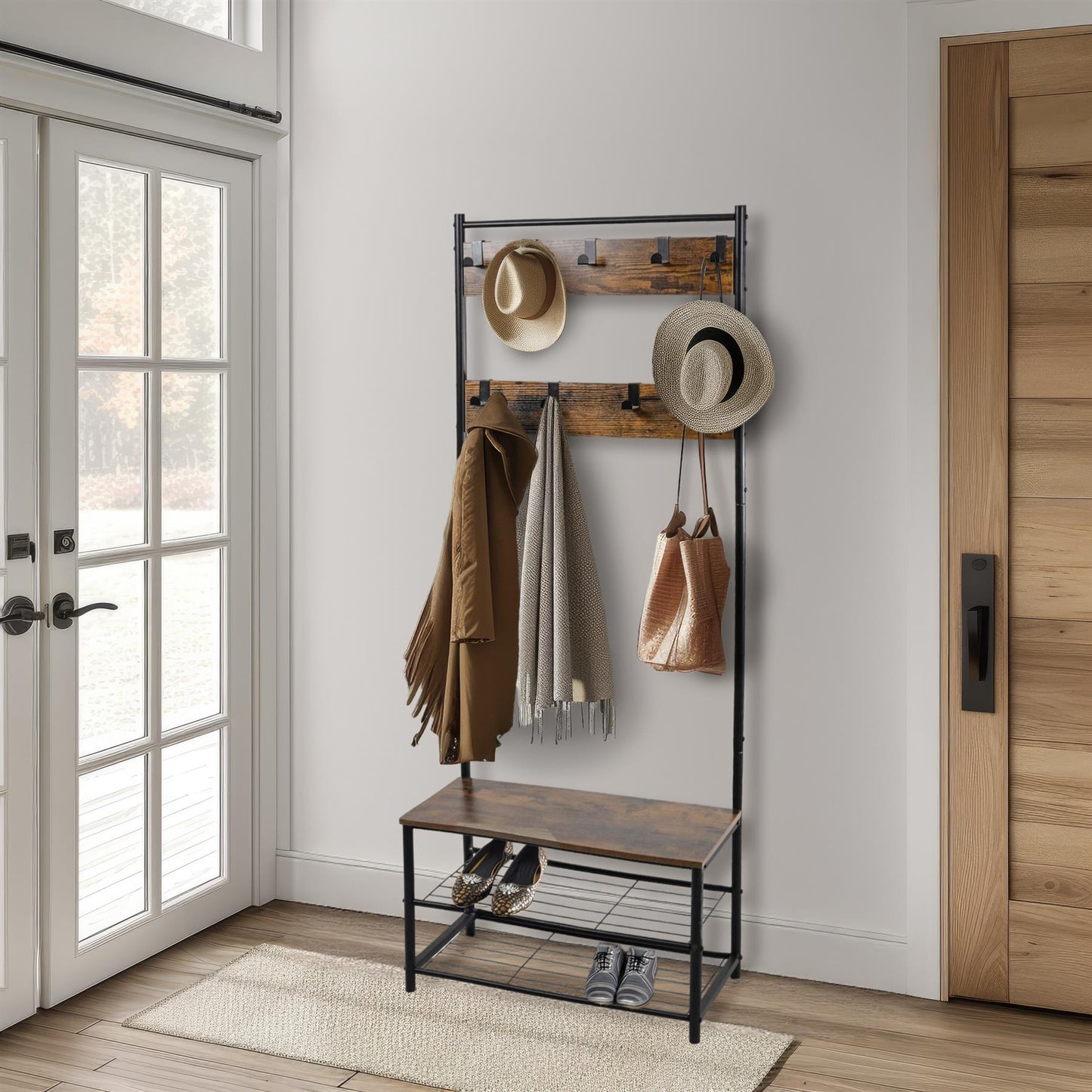 Multi function coat stand Black frame rustic brown wood