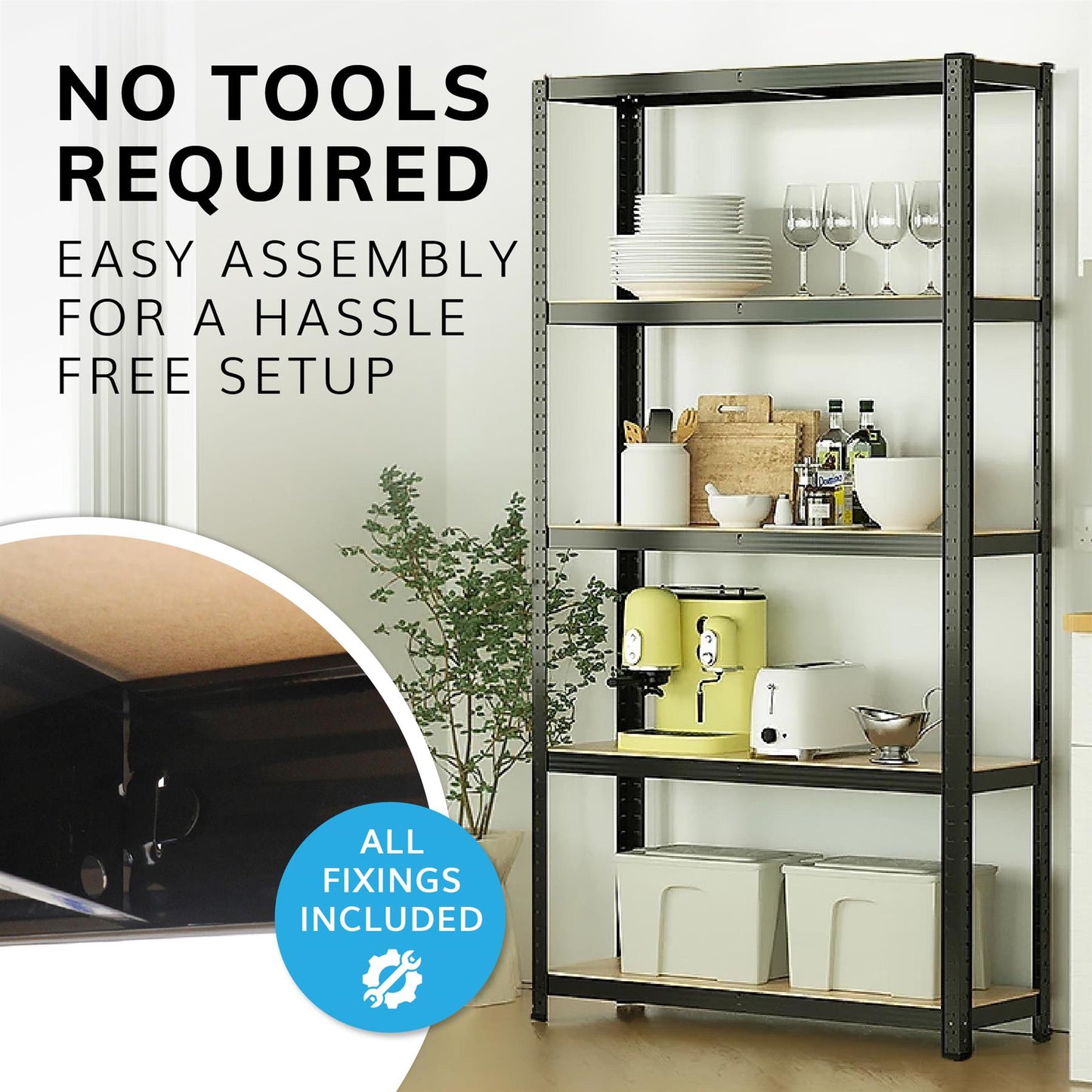 Boltless 5 Tier Shelving Racking Heavy Duty Steel Shelf Unit Shed Garage Black