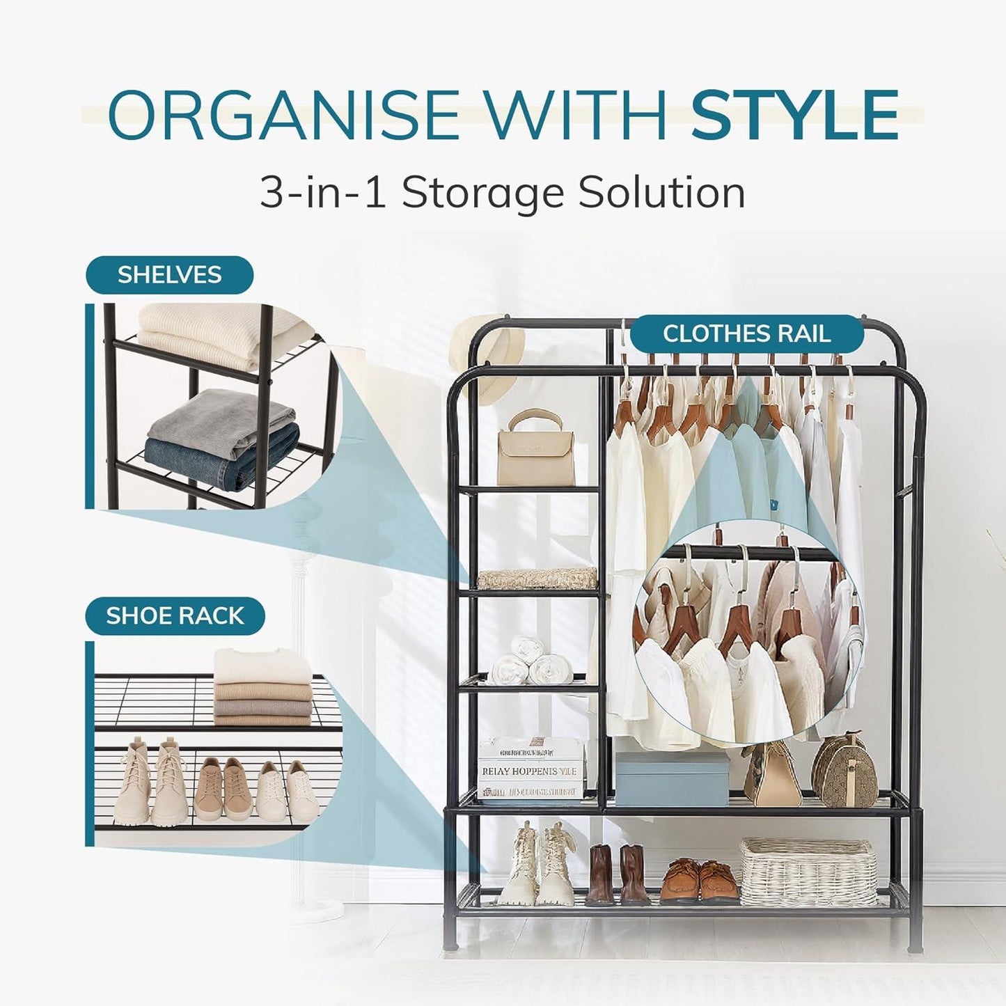 Clothes Rail with Double Hanging & Shelves Black Metal Garment Rack Heavy Duty